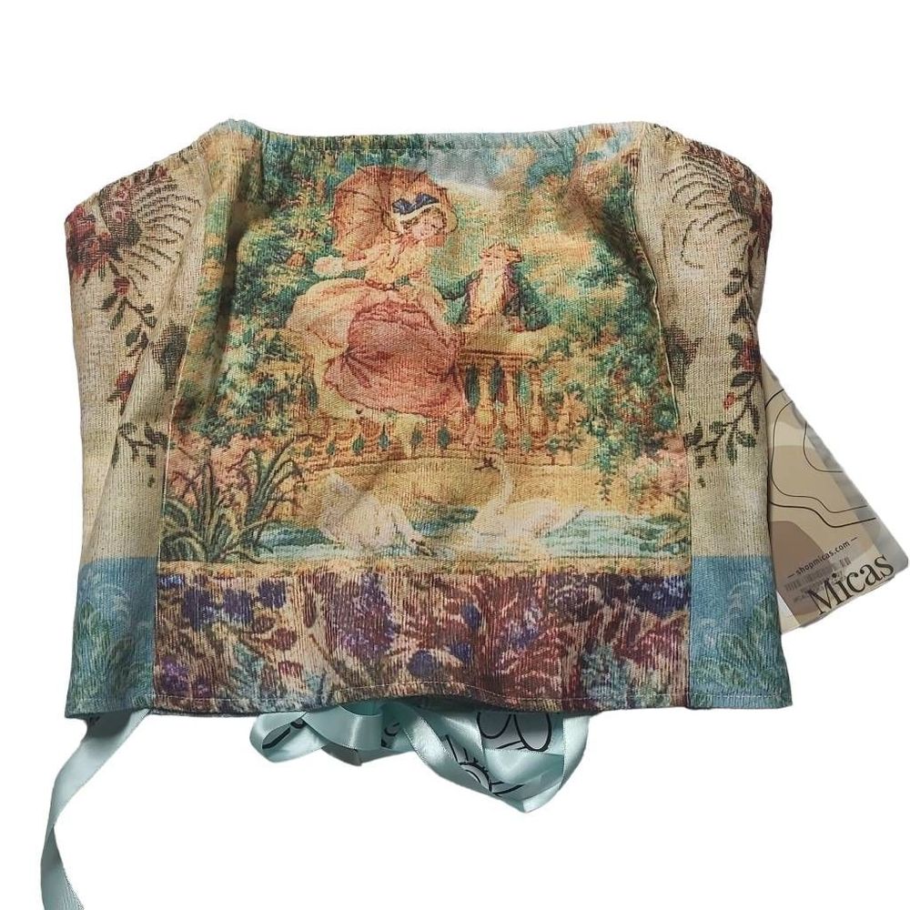 Rococo style Parisian tapestry corset MICAS small sky blue swans garden Sm